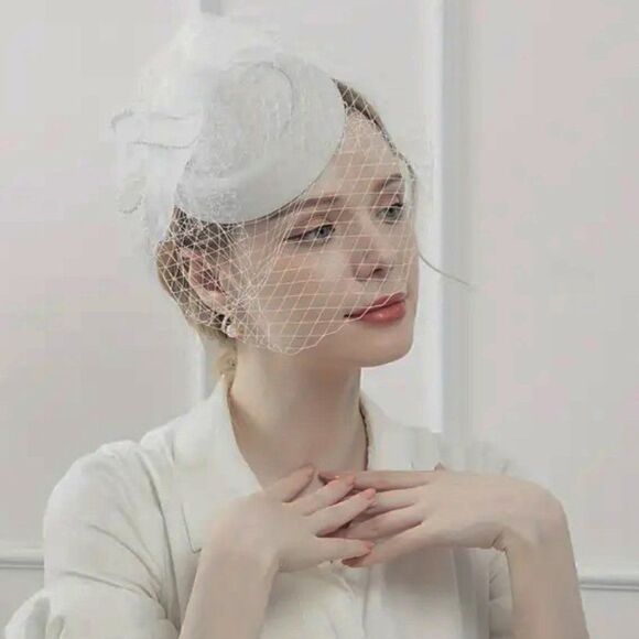 Feather and Polka Dot Fascinator With Lace Gloves For Weddings Dress up and more - Picture 7 of 7